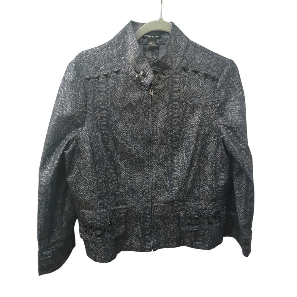 E39 By Eric Blk Silver Snake Print Leather Look Jacket Chrystal Details Zipper M
